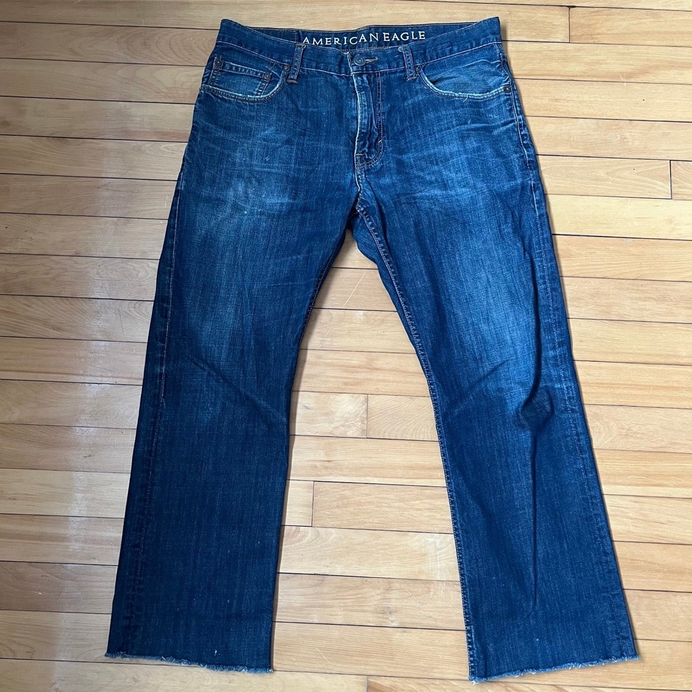 American Eagle Original Straight Jeans Mens 34x32 (34x29) Dark Wash Raw Hem Blue